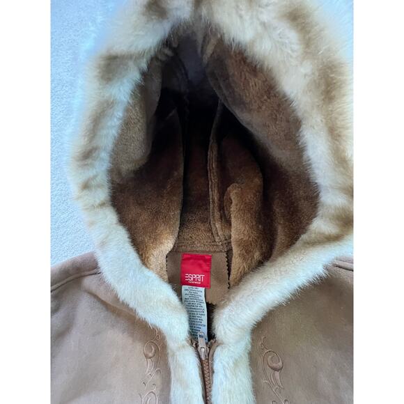 Faux suede coat, faux fur collar, Vintage Esprit w embroidery Sz Large - Picture 6 of 9